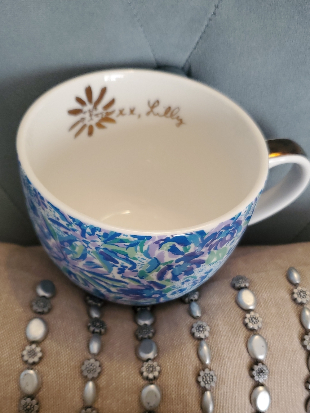 Lilly Pulitzer Blue & Green Floral Ceramic Mug with Gold Detail